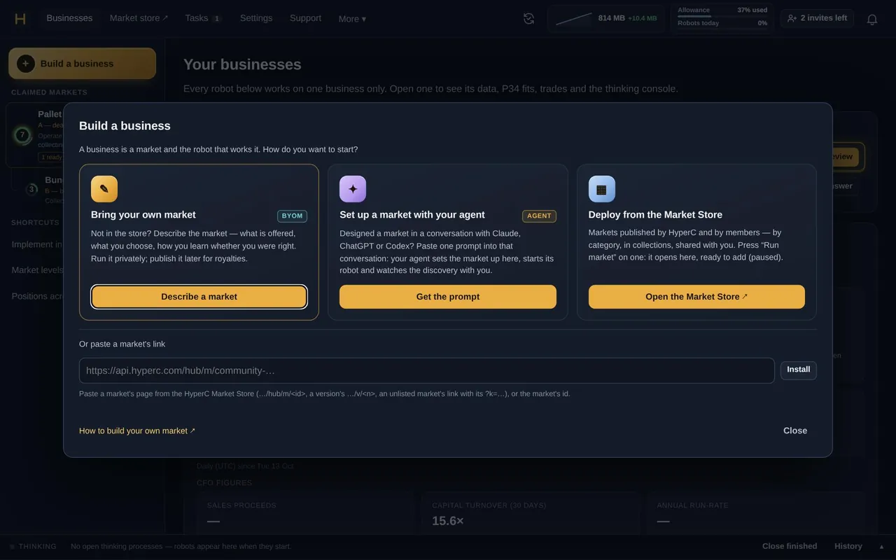 The Build a business dialog with its three ways to start: claim a Market Store market, bring your own market, or set one up with your own agent