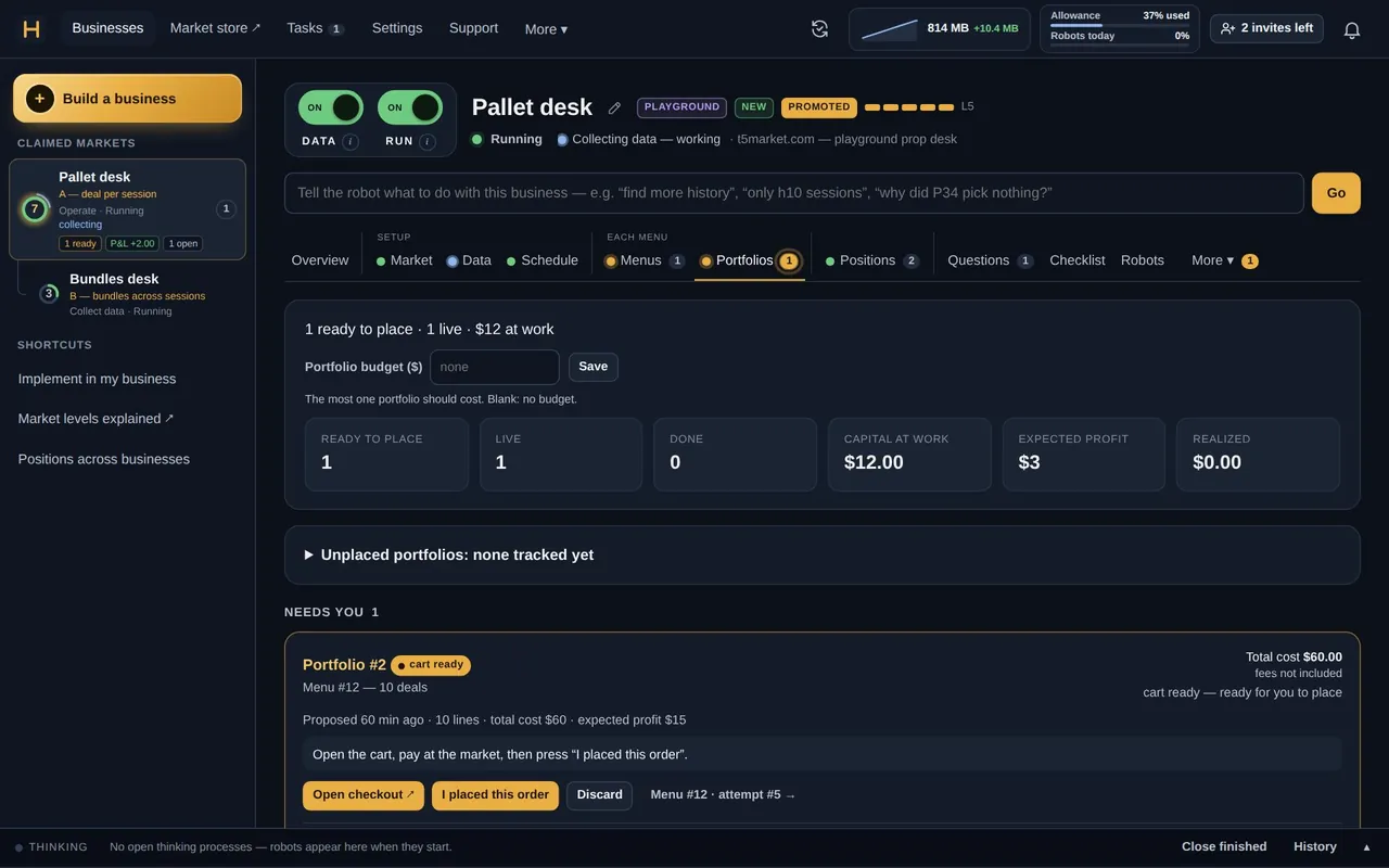 The Portfolios tab of a demo business: a portfolio P34 chose from the latest menu, ready for the member to review, and an earlier one being monitored (seeded demo data)